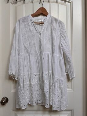 Shira White Cotton Eyelet 3/4 sleeve Tiered Dress. Free Size/One Size